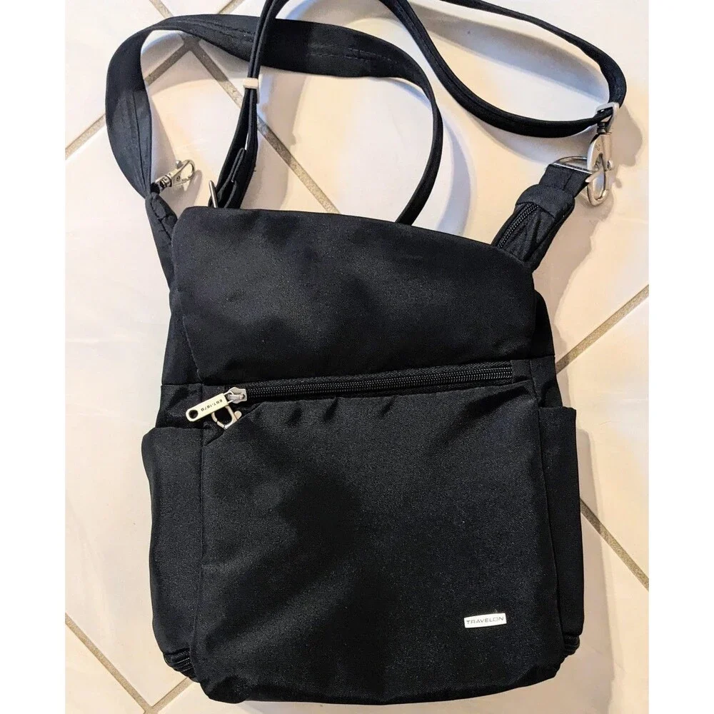 Travelon Anti Theft Messenger Bag Black Poly Crossbody Travel Purse Unisex 42242